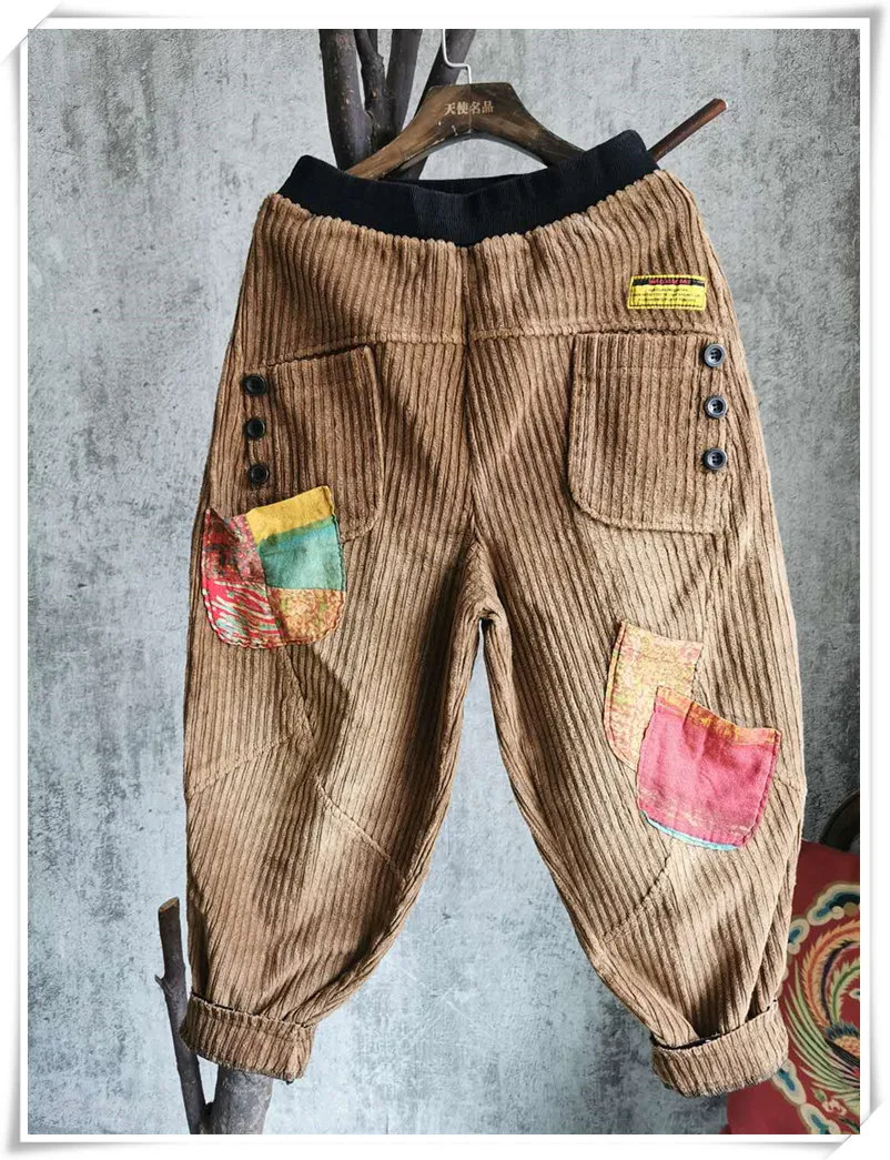 

QING MO Pink Women Corduroy Pants 2021 Fashion Women Flower Patch Pants Women Vintage Loose Harem Pants ZQY7040