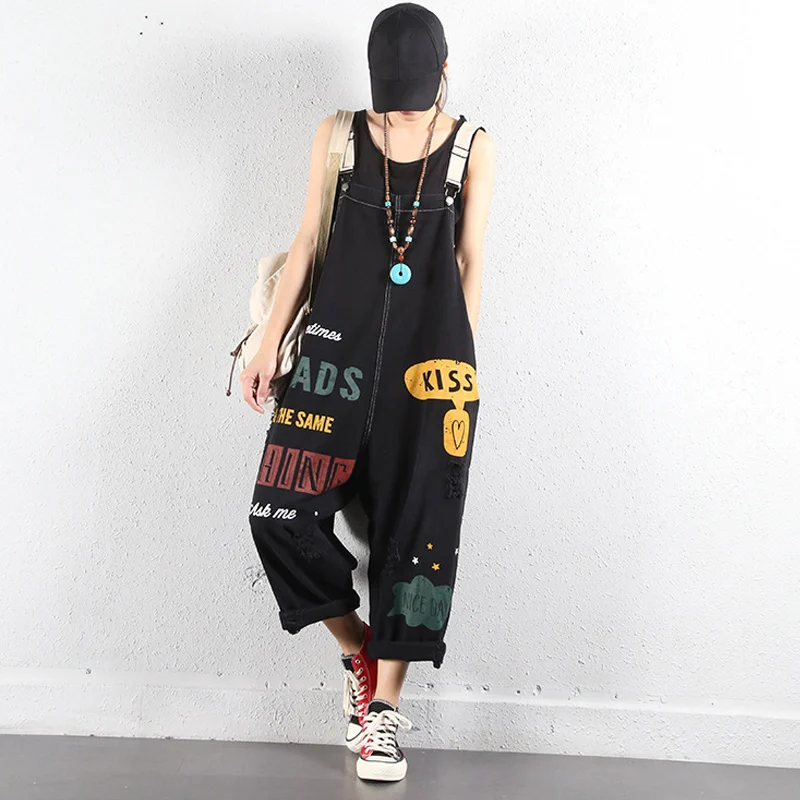 Для женщин на подтяжках комбинезон Спагетти ремень принт в виде букв джинсы