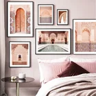 Винтажная роспись на холсте, марокканская АРКА, старая дверь, исламское здание, плакат, печать мечети, мусульманское Современное украшение без рамки