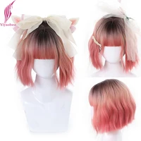 yiyaobess short wavy blonde black orange red ombre wig with bangs lovely natural lolita hair cosplay synthetic wigs for women