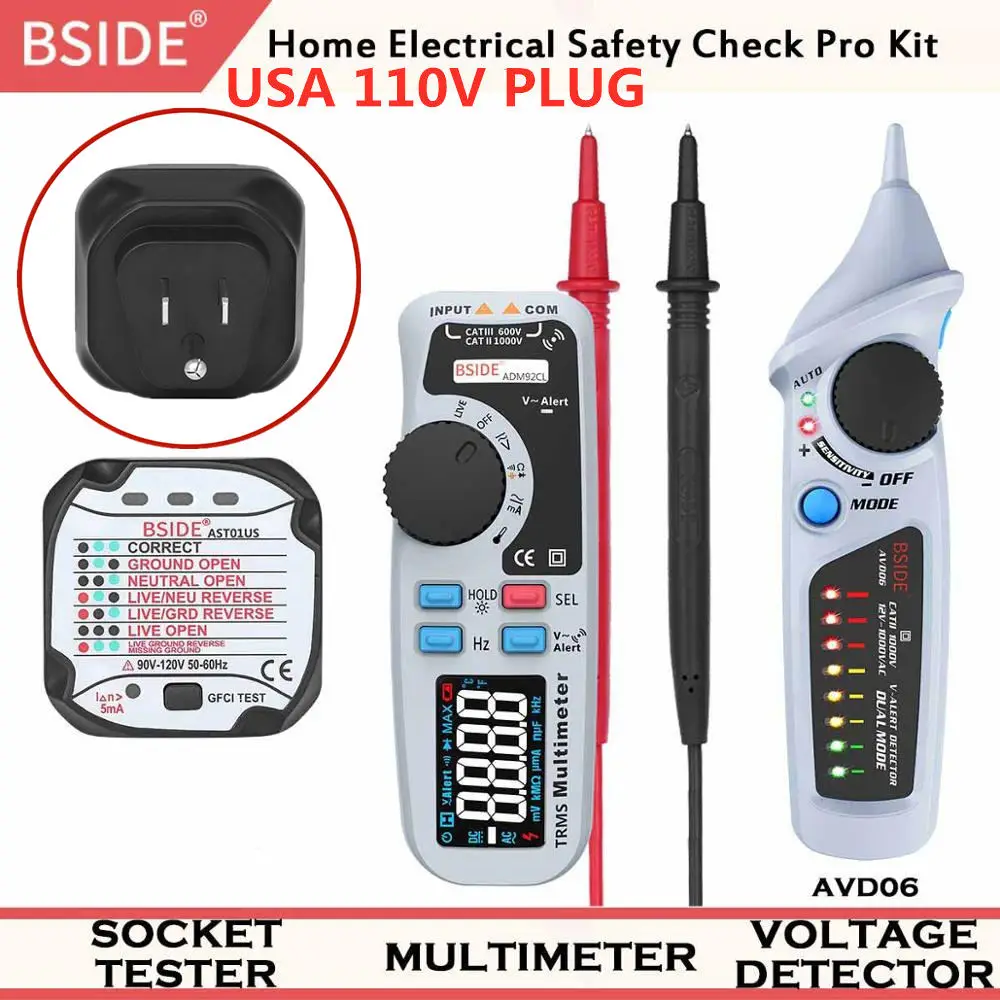 3PCS USA 110V (Grey) BSIDE ADM92CL цветной дисплей Цифровой мультиметр True RMS Автоматический диапазон 6000 TRMS тестер с живым проводом проверка темп диод метр комплект - Цвет: 3PCS USA 110V (Grey)