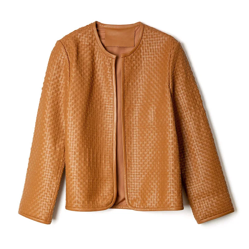 Autumn/winter 2021 new fashionable BV natural sheepskin cpats woven dress women round-neck cardigan plaid genuine leather jacket