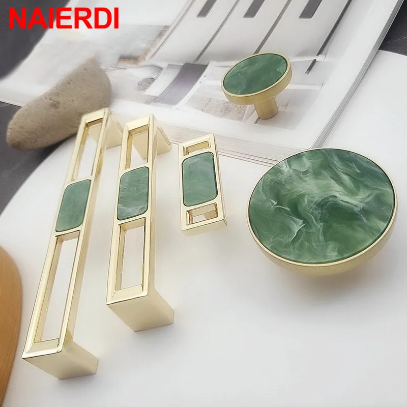 NAIERDI черный зеленый драгоценный камень ручка шкафа цинковый сплав Золотая мебель