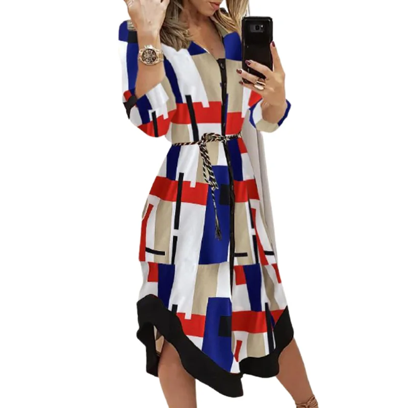 

Women's summer commuter casual lapel color matching V-neck geometric printing straps elegant long irregular dress
