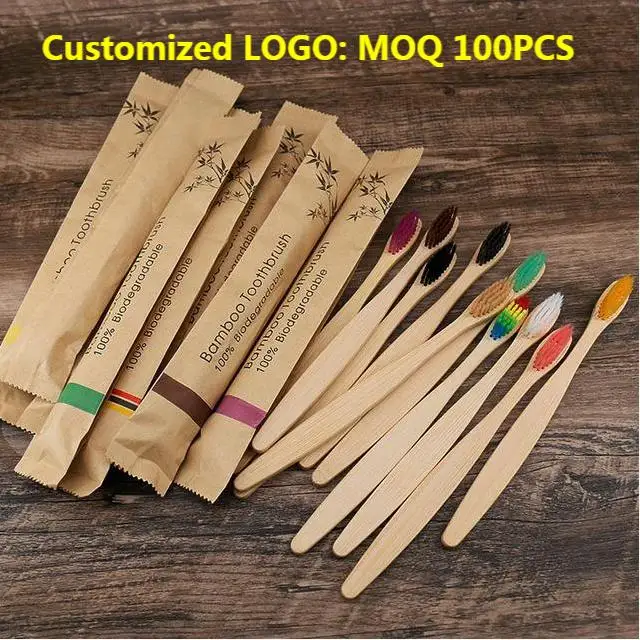 

100Pcs Eco Friendly Bamboo Resuable Toothbrushes Portable Adult Wooden Soft Tooth Brush Customized Laser Engraving Logo