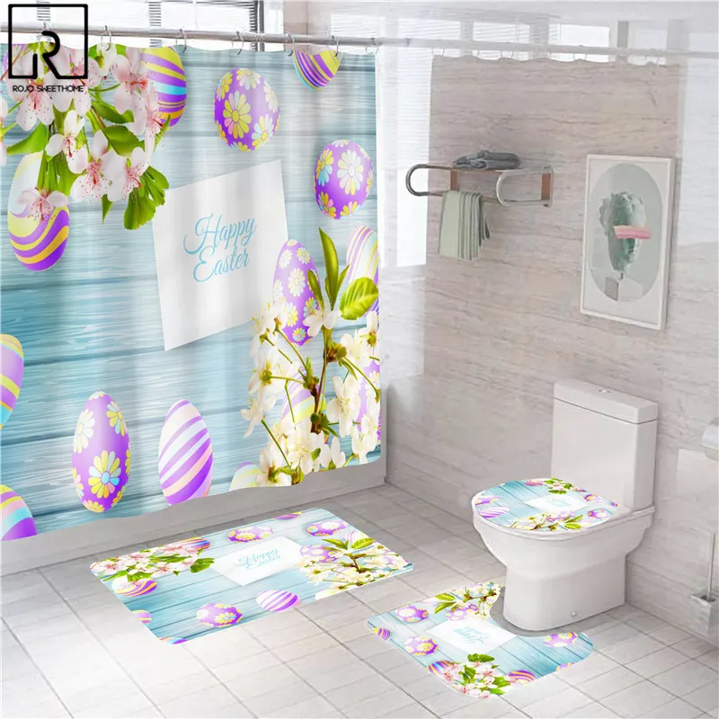 

Happy Easter Rabbit Print Shower Curtains with Hooks Cute Bathroom Curtain Soft Flannel Mat Set Bathing Carpet Rugs Home Decor
