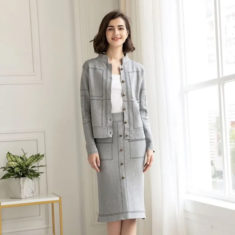 

Женский трикотажный костюм-двойка, повседневный облегающий костюм с кардиганом и юбкой-карандаш средней длины, 2021