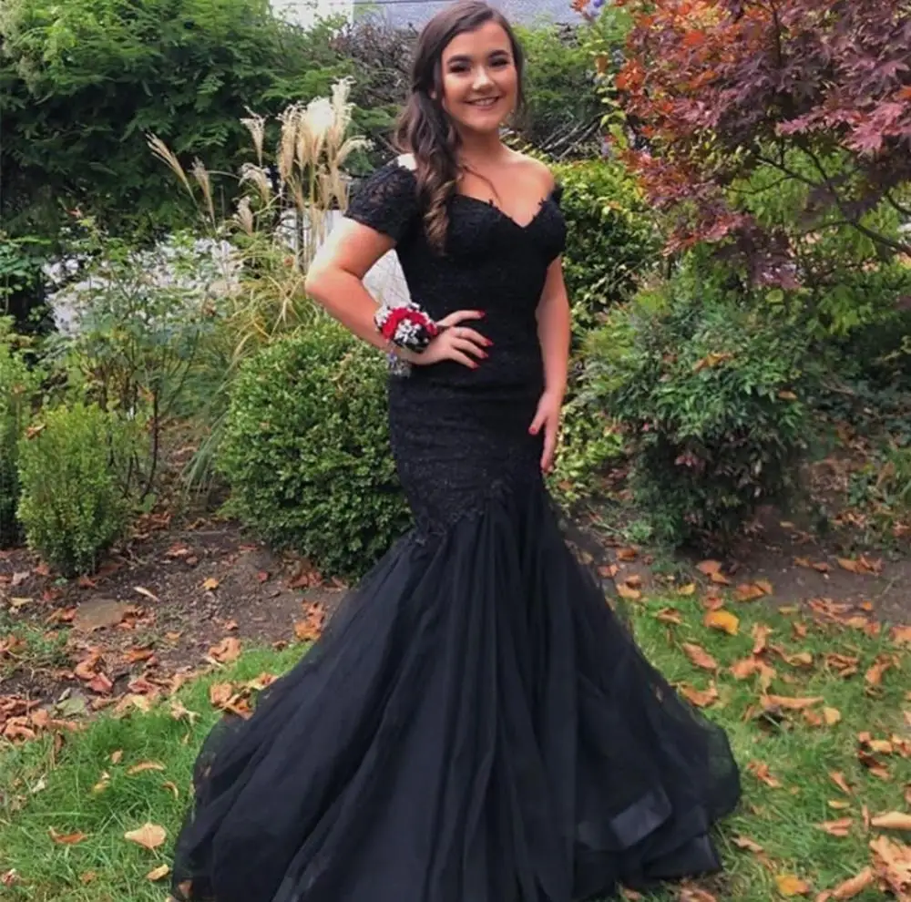 

women prom dress Mermaid Black Lace Appliques Sweetheart Long Cap Sleeve Tulle Women Party Gowns High Quality Formal Dresses