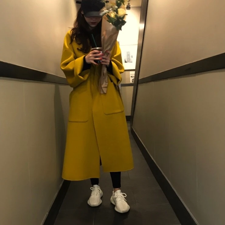 

2020 autumn and winter models Korean version of the straps lapel long paragraph ginger coat loose wool coat Cashmere Regular