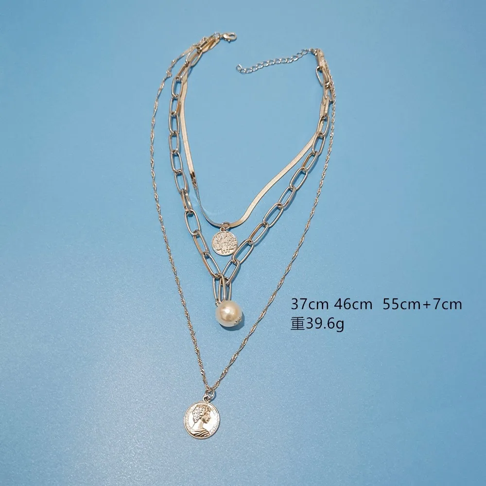 

2021 NEW Trendy Multilayer Round Coin Pearl Pendant Chain Necklace For Women Gold Circle Choker Chunky Chain Necklaces Jewelry