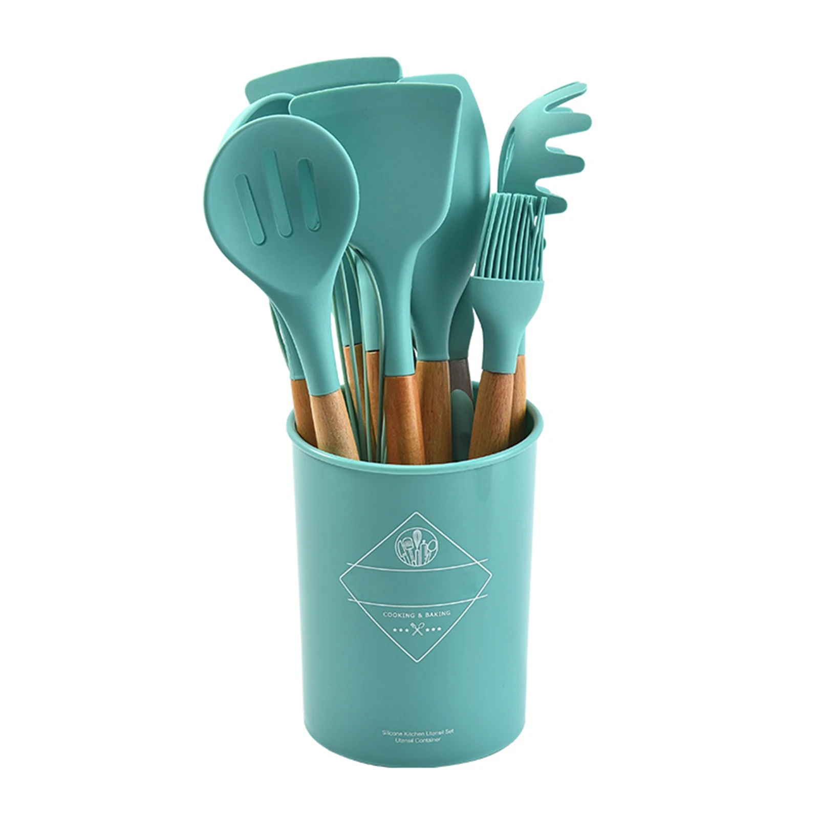 

New Silicone Kitchenware Set With Wooden Handle Nonstick Pan High Temperature Resistance Kitchen Tools