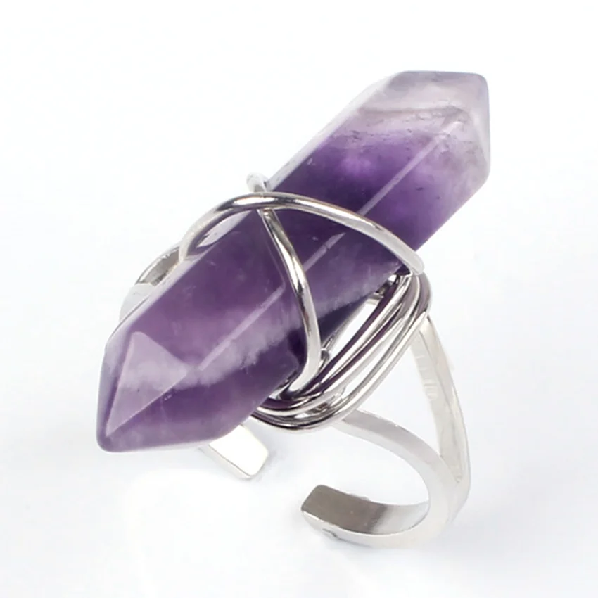 

Trendy-beads Silver Plated Wire Wrap Natural Amethysts Stone Hexagon Column Ring For Anniversary Jewelry