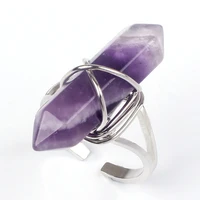 trendy beads silver plated wire wrap natural amethysts stone hexagon column ring for anniversary jewelry