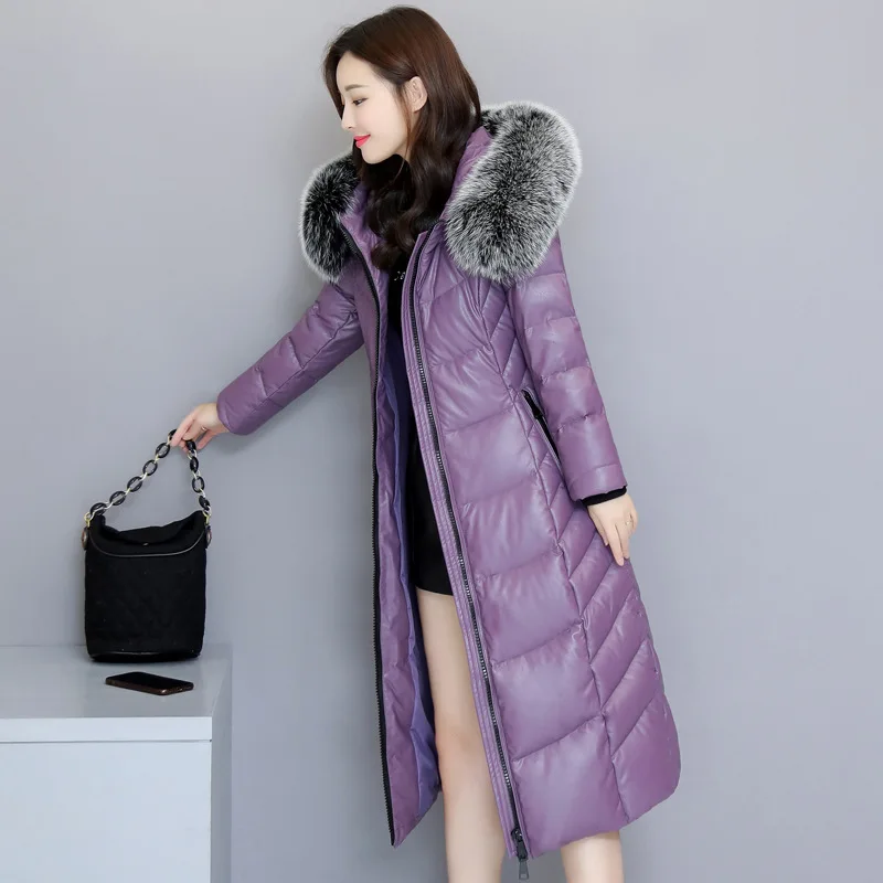 Leather Women's Genuine New Winter 90% White Duck Down Fox Fur Collar Jacket Women Long Coat Plus size 5XL