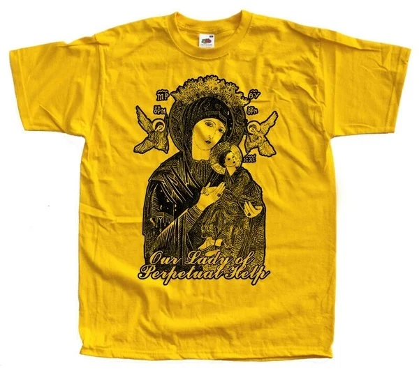 

New Our Lady of Perpetual Help Mens T-shirt YELLOW Virgin Mary size S-4xl