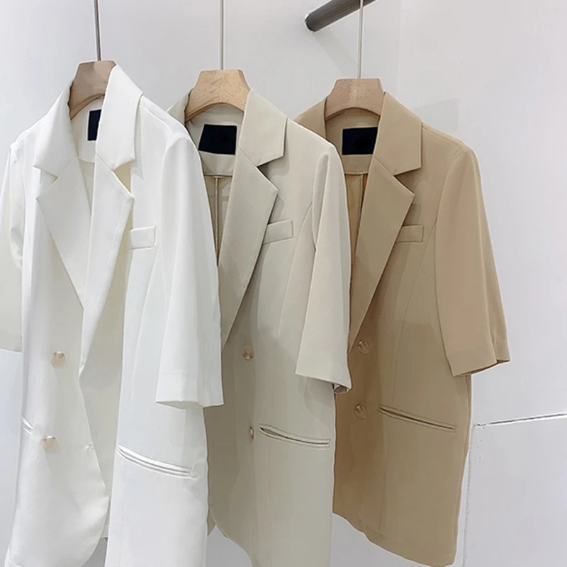 

2021 Women Summer Vintage Double Breasted Solid Blazers And Jackets Fashion Turn-down Collar Slim Female Blazer Coat