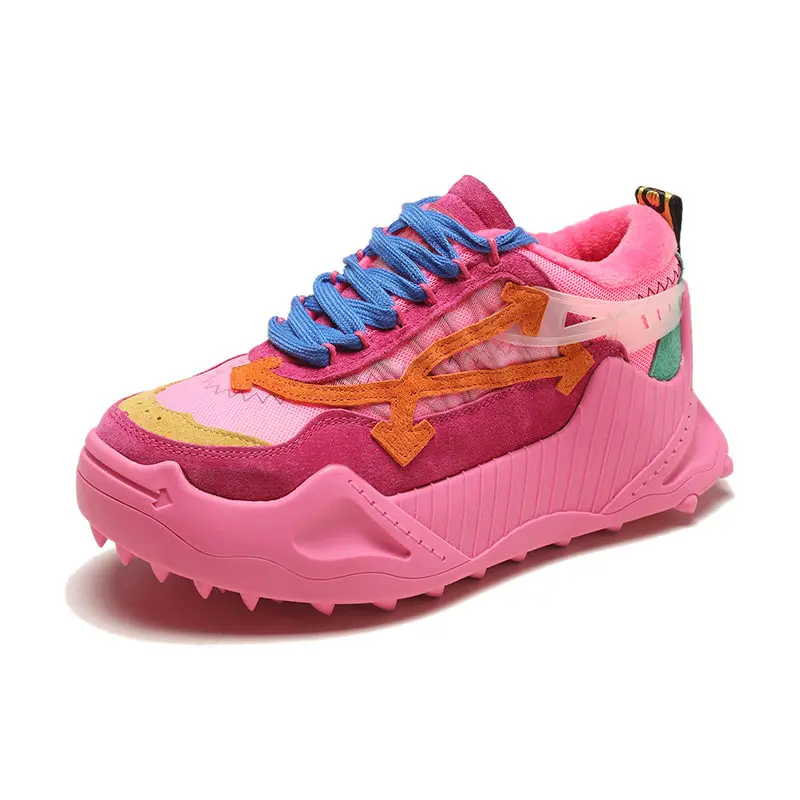 Women Color Blocking Thick bottom Fur Sneakers Ridged Sole Casual Runway Shoes Outdoor Walk Winter Plush Trainers | Обувь