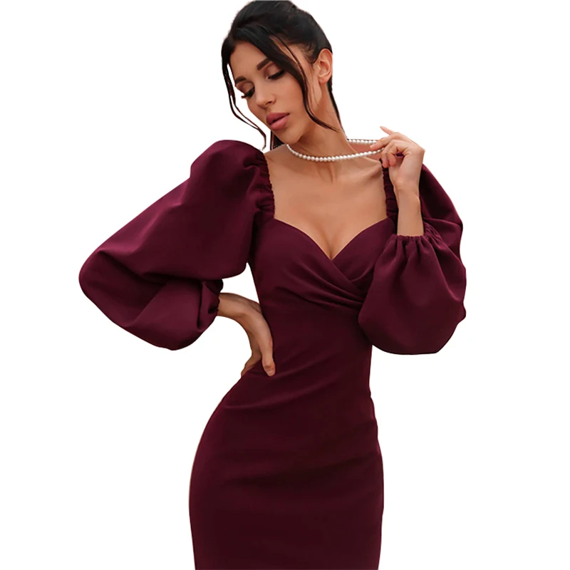 

Elegant Women Long Dress Solid Puff Sleeve Bodycon Evening Office Design Spring Autumn Wear Ladies Dresses