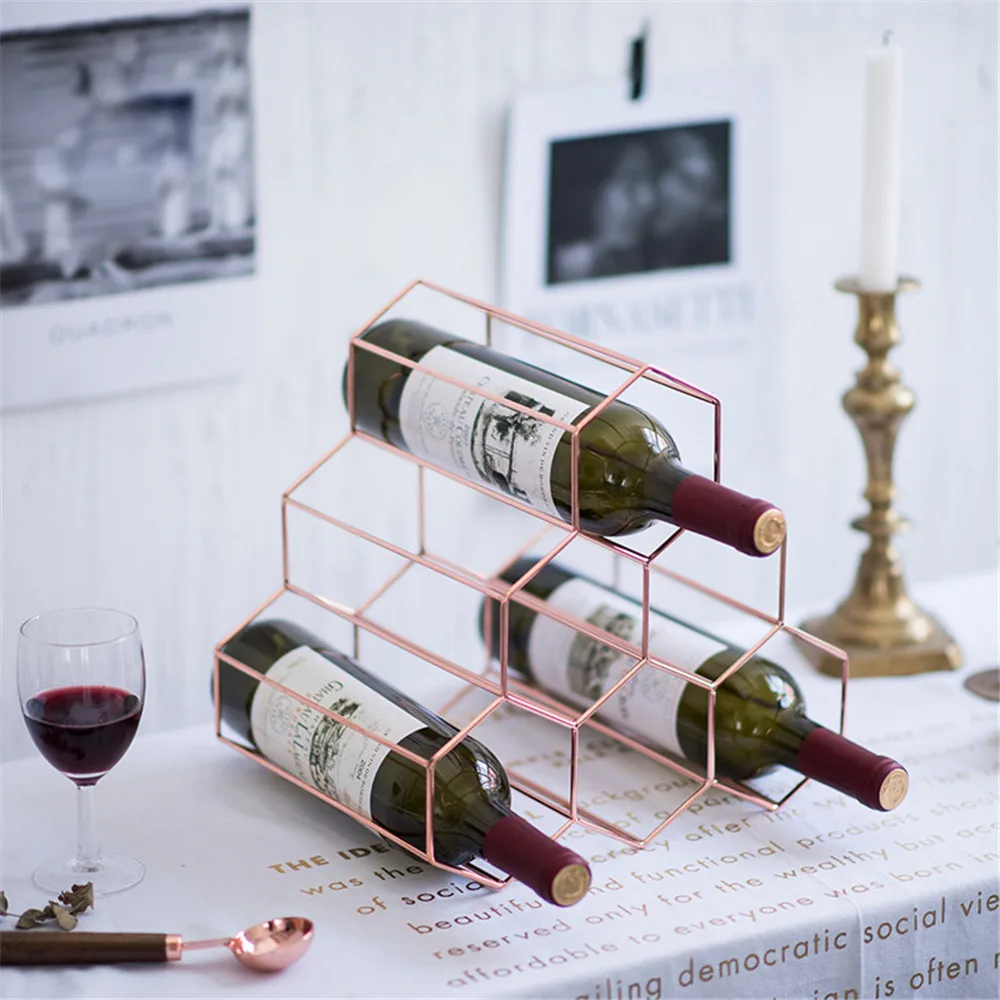 Honeycomb Style Metal Table Storage Basket Chic Nordic Scandinavian Rose Gold Desk Red Wine Organizer Home Decor |