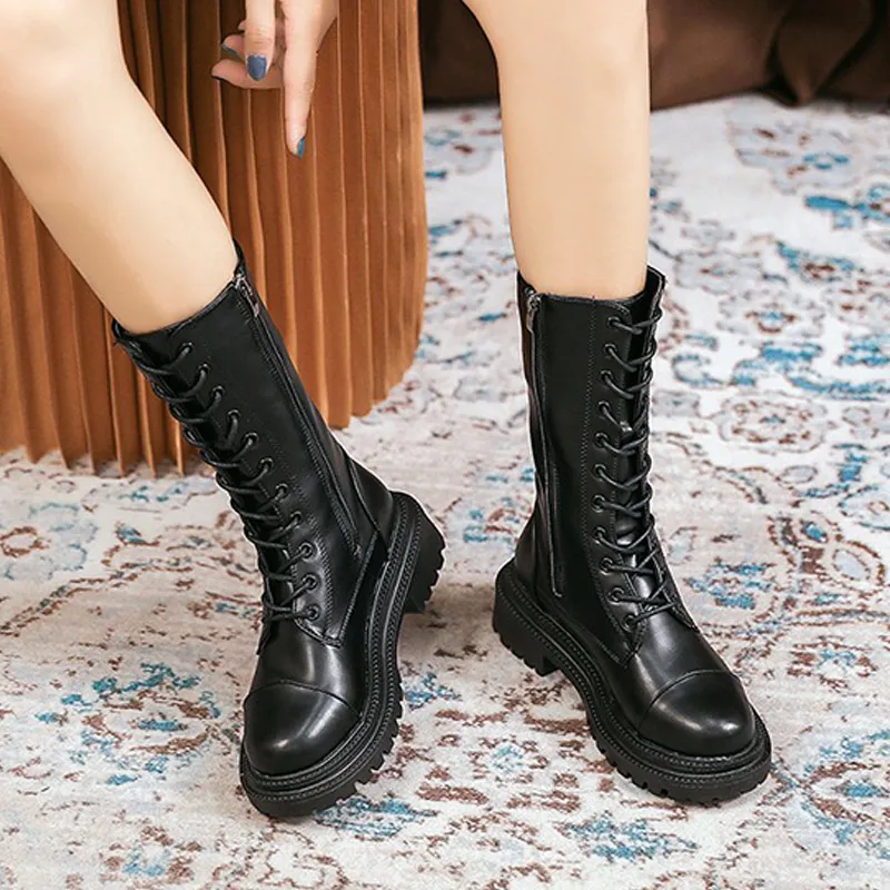 

Женские ботинки на толстой подошве, новинка 2021, женские ботинки, ботинки до середины икры, лаконичные женские длинные ботинки на платформе с...