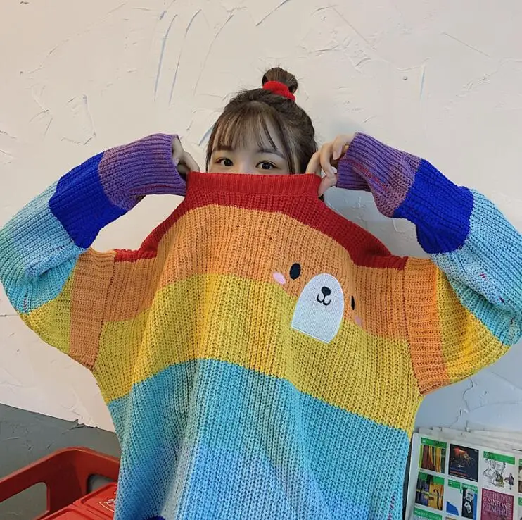 

New cute bear expression embroidery vitality rainbow striped round neck knitted sweater
