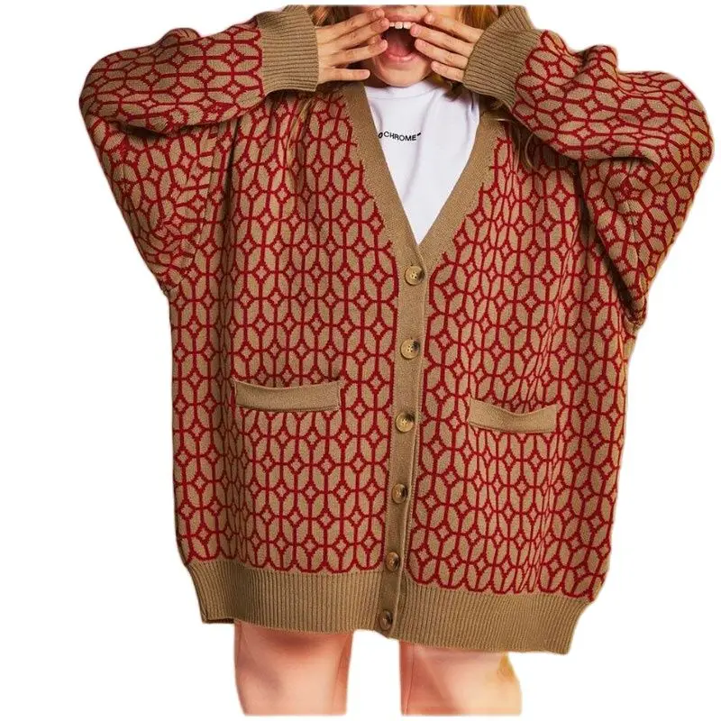 

M.Y.FANTASY 2021 Women's Diamond Pattern Knit Cardigan Female Fashion V Neck Single Breasted Buttons Loose Casual Knitted Sweat