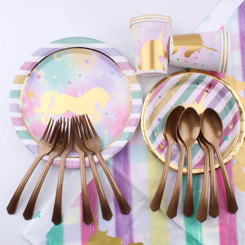 Набор одноразовой посуды с золотым единорогом украшение для вечеринки в честь