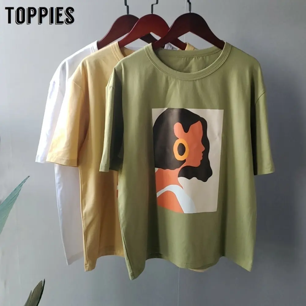 

FAKUNTN Toppies 2021 summer character t-shirts fashion girls tops short sleeve printing t-shirts Korean women clothes 95% cotton