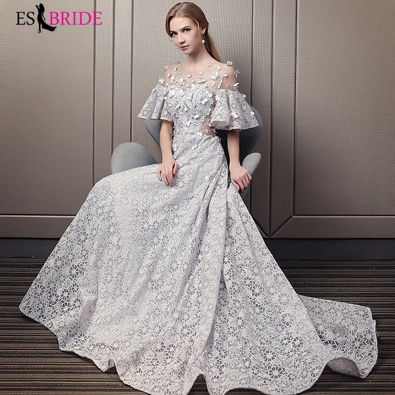 Элегантные кружевные вечерние платья ES2936 трапециевидной формы с круглым вырезом