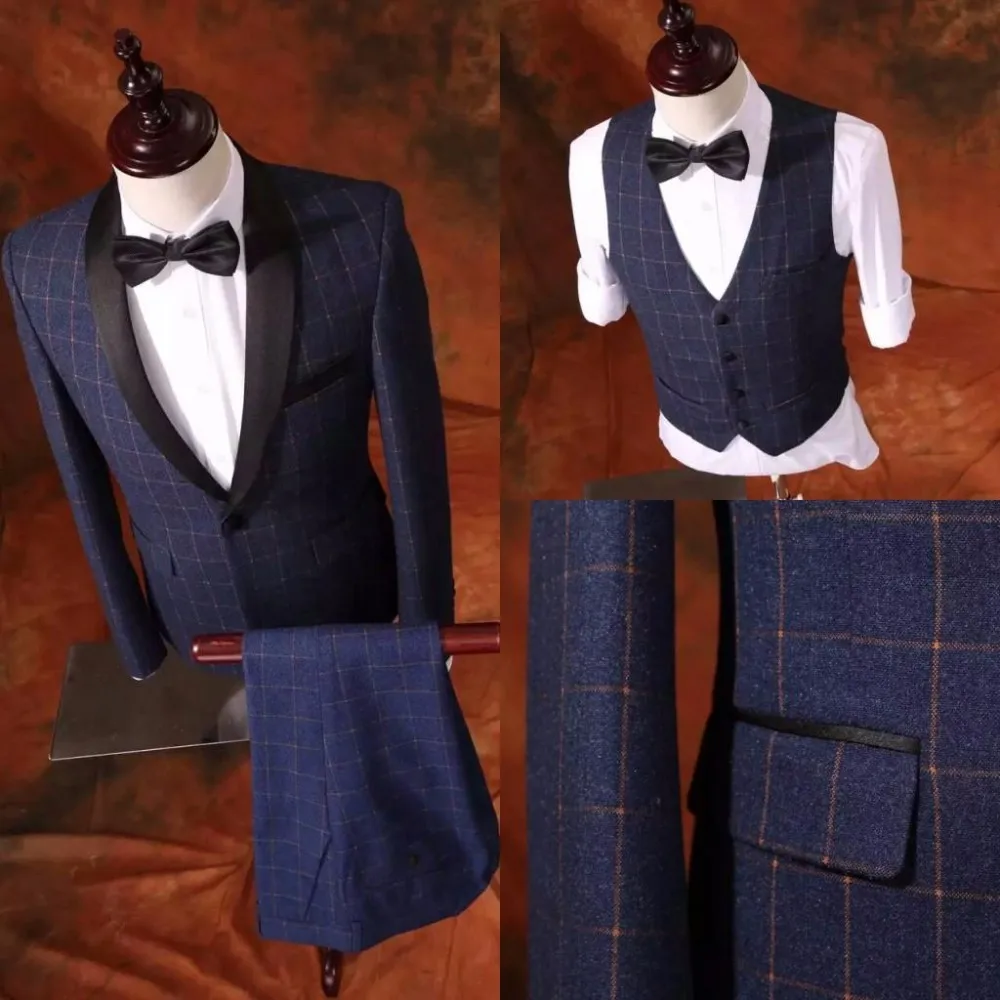 

Fad Latest Coat Pant Designs Navy Blue Pattern Tweed Men Suit Formal Slim Fit Skinny Prom Tuxedo 3 Piece Groom Blazer Masculino