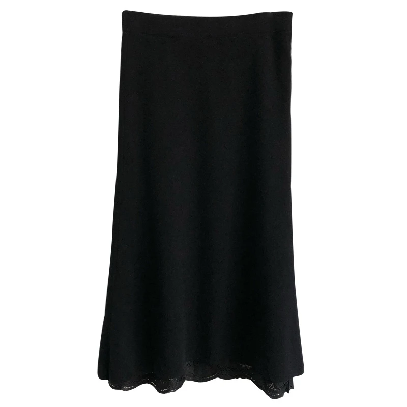 

Young Gee Elegant Women Elastic Waist A-line Skirt Office Autumn Winter Wrapped Hip Slim Knitted Lace Double Side Wear Skirts