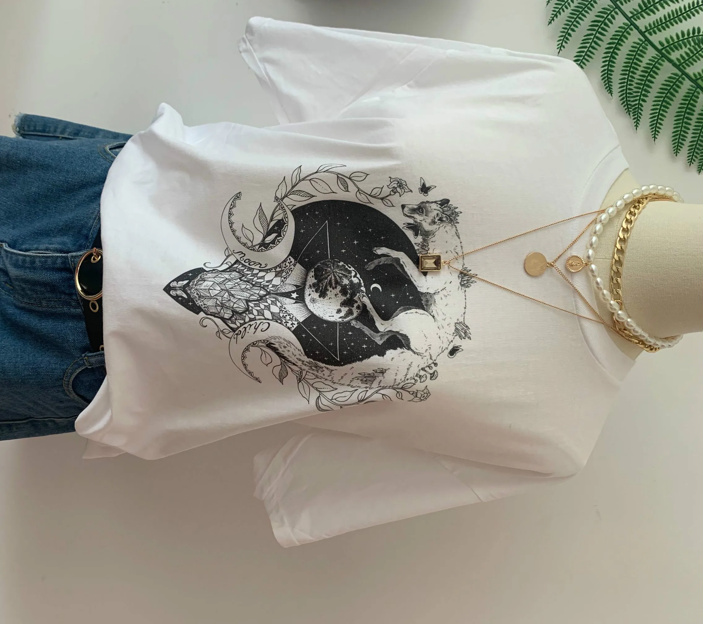 Fashionshow-JF Moon Child Fox Crystal Printed T Shirt Women Short Sleeve Cotton Sailor Fashion Street Style Outfits | Женская одежда