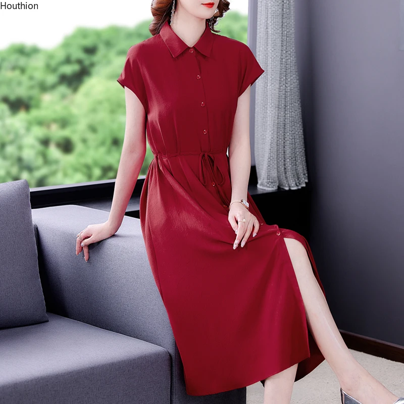 

Chiffon Loose Plus Size Women's Dress New Fashion Casual Short Sleeve Dresses Long Summer Solid Buttons Polo-collar Houthion