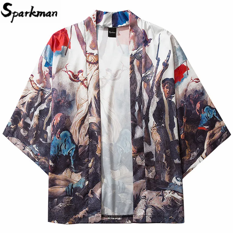 Кимоно мужское свободного покроя с японским принтом тонкая пиджак в стиле