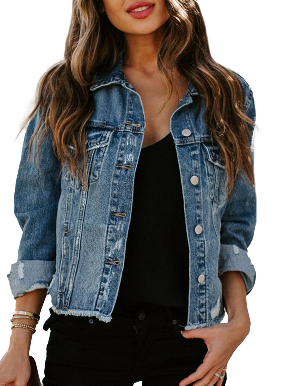

Black Lapel Distressed Raw Hem Buttons Denim Jacket Women Fashion Casual Turn Down Collar Long Sleeve Autumn Spring Denim Coats