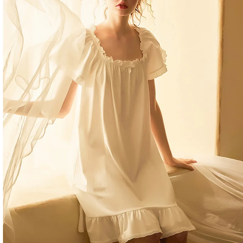 

Women's Lolita Princess Dress Sleepshirts Vintage Stringy Selvedge Square Collar Nightgowns.Cotton Nightdress Sleep Loungewear