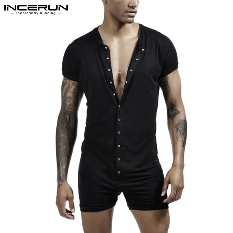 

INCERUN Summer Men Pajamas Romper Short Sleeve Button Homewear Fashion Sleepwear Jumpsuit Solid Mens Playsuit Nightgown S-5XL