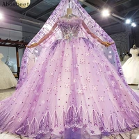 fashion purple wedding dress puffy gown plus size 2021 new floral bridal gown long train long sleeve robe mariee high collar