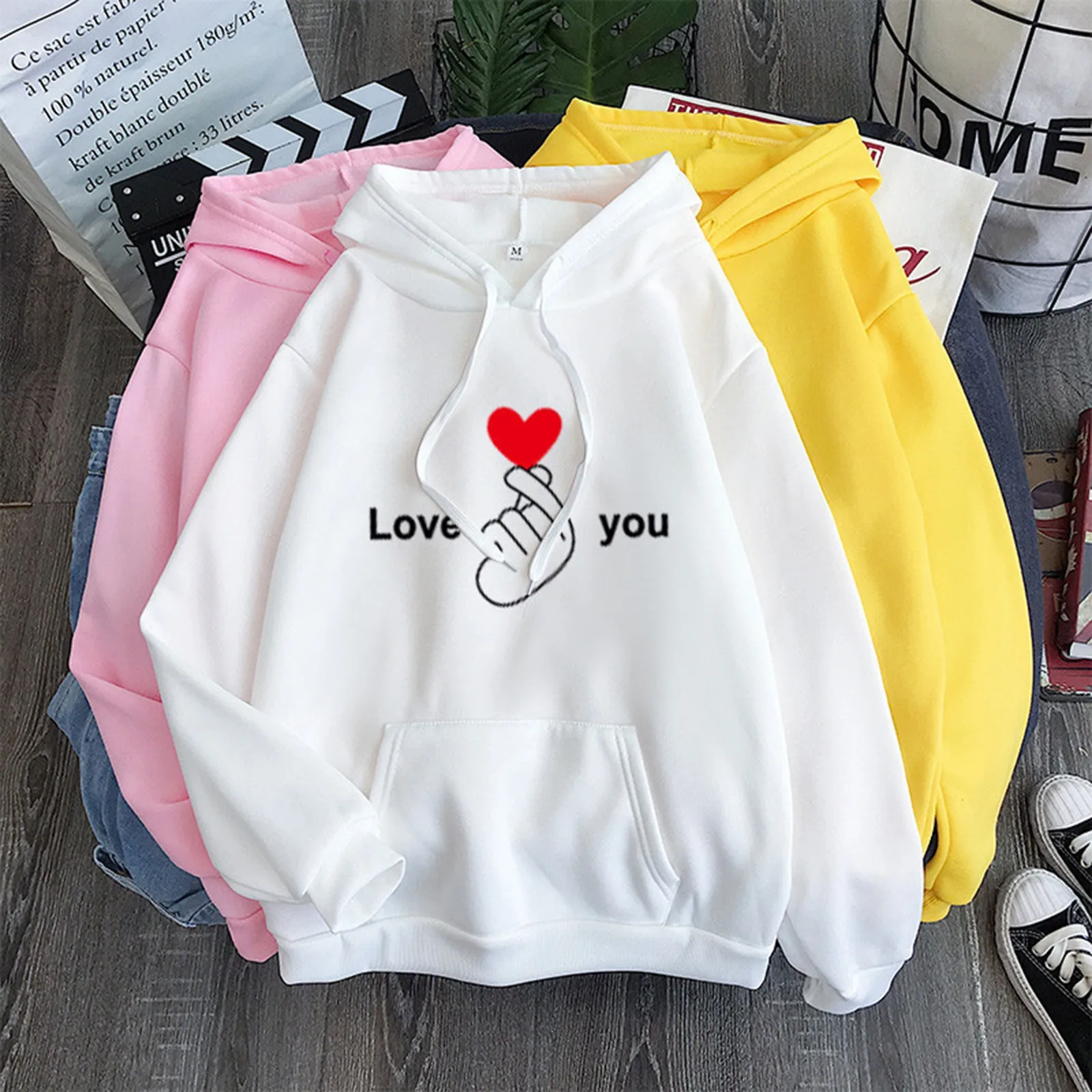 Fashion Love You Print Hooded Casual Sweatshirt Loose Pockets Tops Streetwear Female Autumn Winter Long Sleeve Womens Outerwear