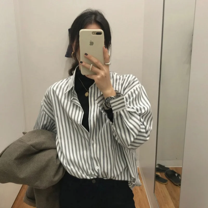 

Женская однобортная рубашка в полоску, Повседневная Свободная блузка в Корейском стиле с длинным рукавом и отложным воротником, Осень-зима
