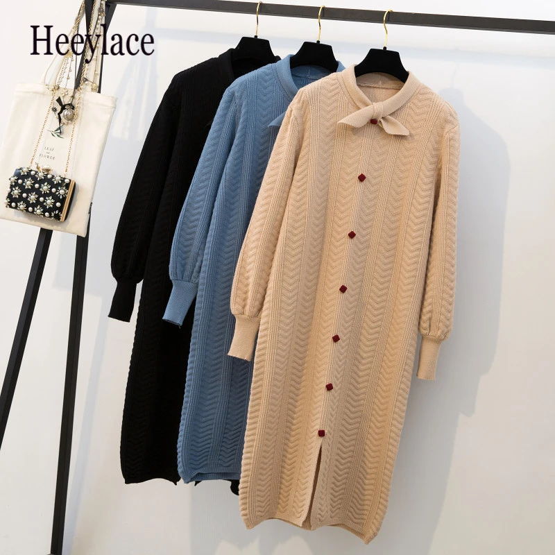 Вязаные платья размера плюс женские осенние зимние длинные Ретро стиль свитера