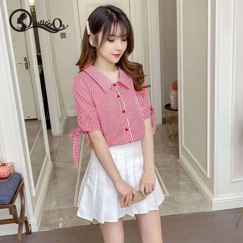 

Sweet Blouse Vintage plaid Print Lapel Shirt Plus Size Loose Bow Short Sleeve Casual Blouse Tops Hot Sale