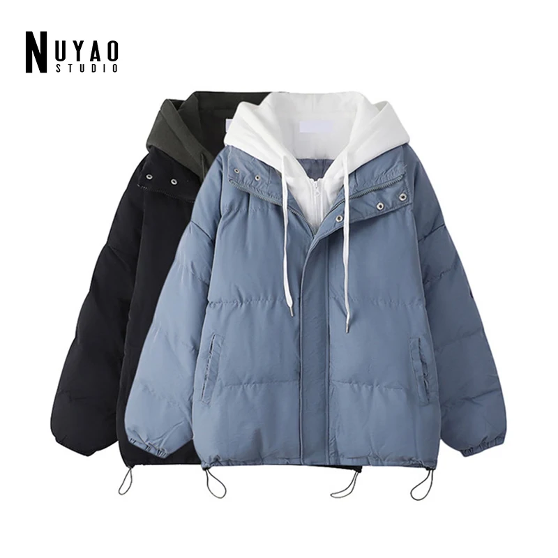 

Women Parkas Korean Spring Winter Solid Color Hooded Jacket Fake Two Padded Jacket Casual Thick Warm Basic Outwear Female Coat