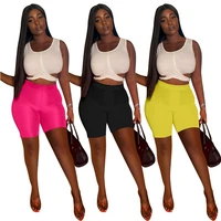 2021 summer women short tracksuits sleeveless hollow out bandage t shirts and high waist skinny biker shorts casual outfits