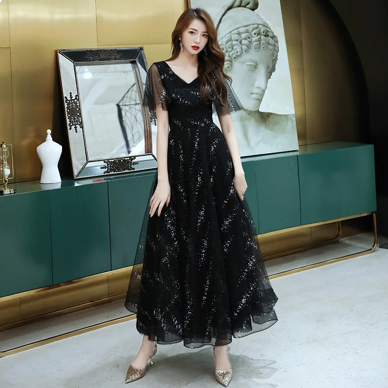 

Black Temperament Evening Dress Embroidery Feather Party Dress Fairy V-neck Maxi Dress Students Banquet Dress Oversize 3XL