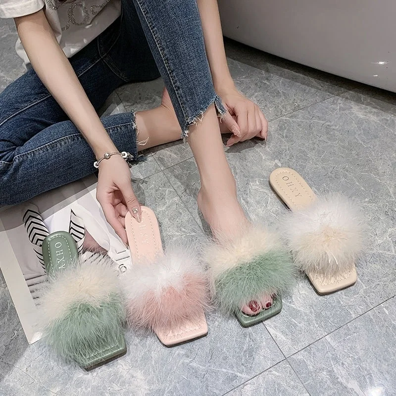 

Rubber Flip Flops Slippers Casual Butterfly-Knot Summer Women's Shoes Raccoon Fur Slides Lace Hawaiian Luxury Plush Flat Butterf