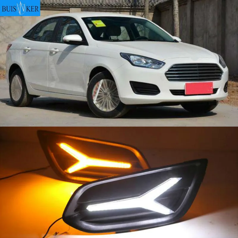 

1 пара для Ford escort 2015-2018 дневной ходовой светильник DRL светодиодный противотуманный фонарь крышка с желтым поворотным сигналом триколор функции