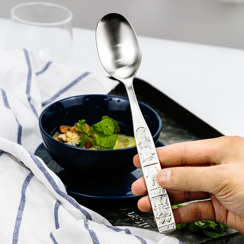 Ложка для еды из нержавеющей стали с тиснением в стиле ретро|Ложки| |