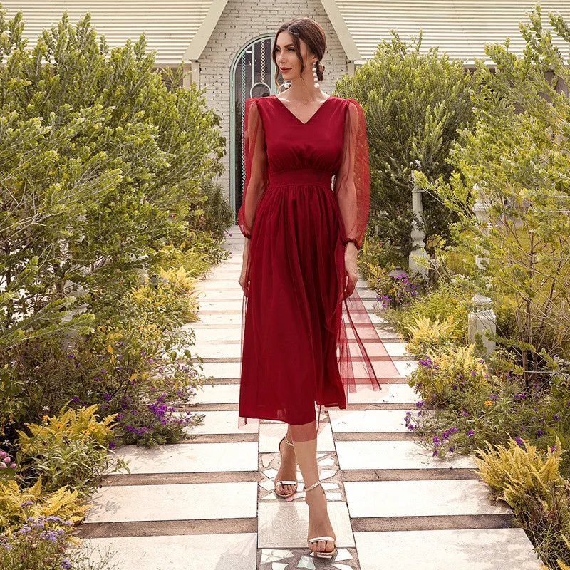 

IFox Sexy Deep V Neck Long Sleeve Red Women Dress 2020 New Arrival Casual Tulle Mid Calf Summer Autumn Dress for Woman Vestidos