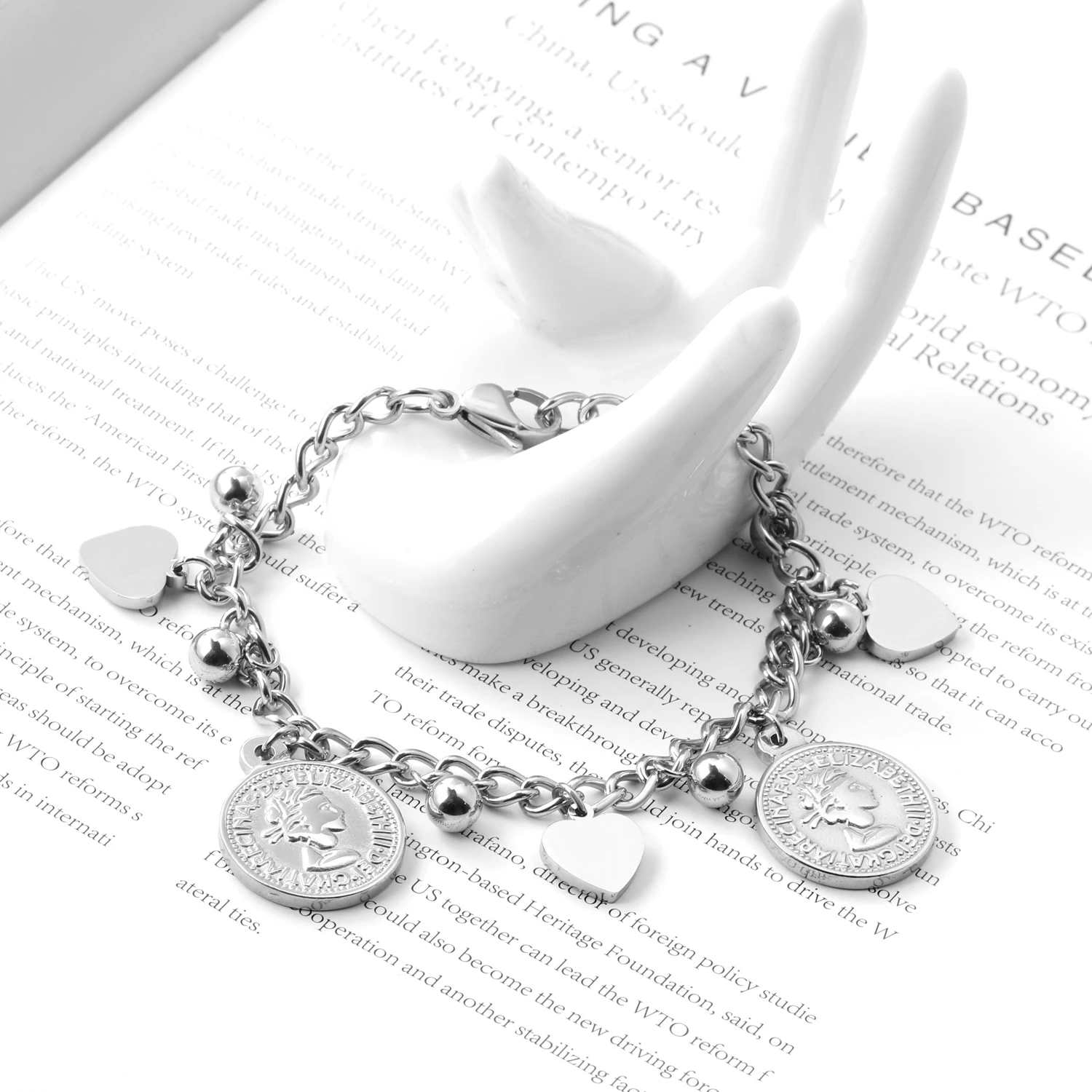 LUXUSTEEL Mother Gift Heart Round Ball and Coin Queen Stainless Steel Link Chains Bracelets Bangles Women kids bracelet Wedding | Украшения
